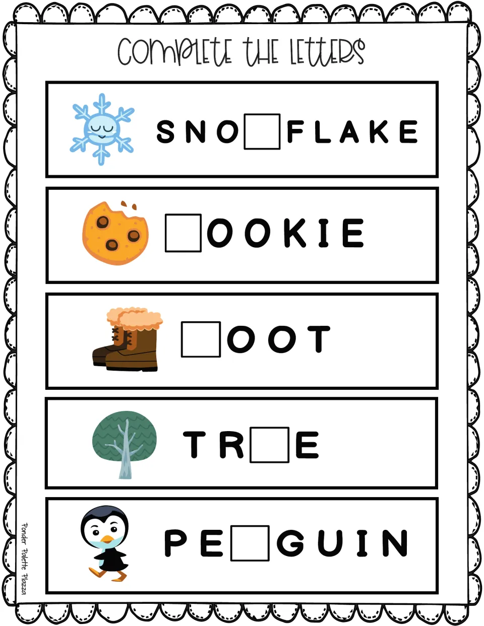 Letter completion: students write the missing letter for snowflake, cookie, boot, tree and penguin beside each image
