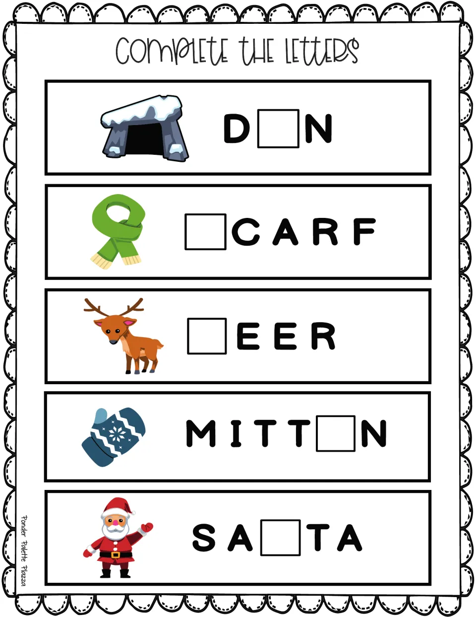 Winter and Christmas words: students fill the gap in den, scarf, deer, mitten and Santa to spell each pictured word