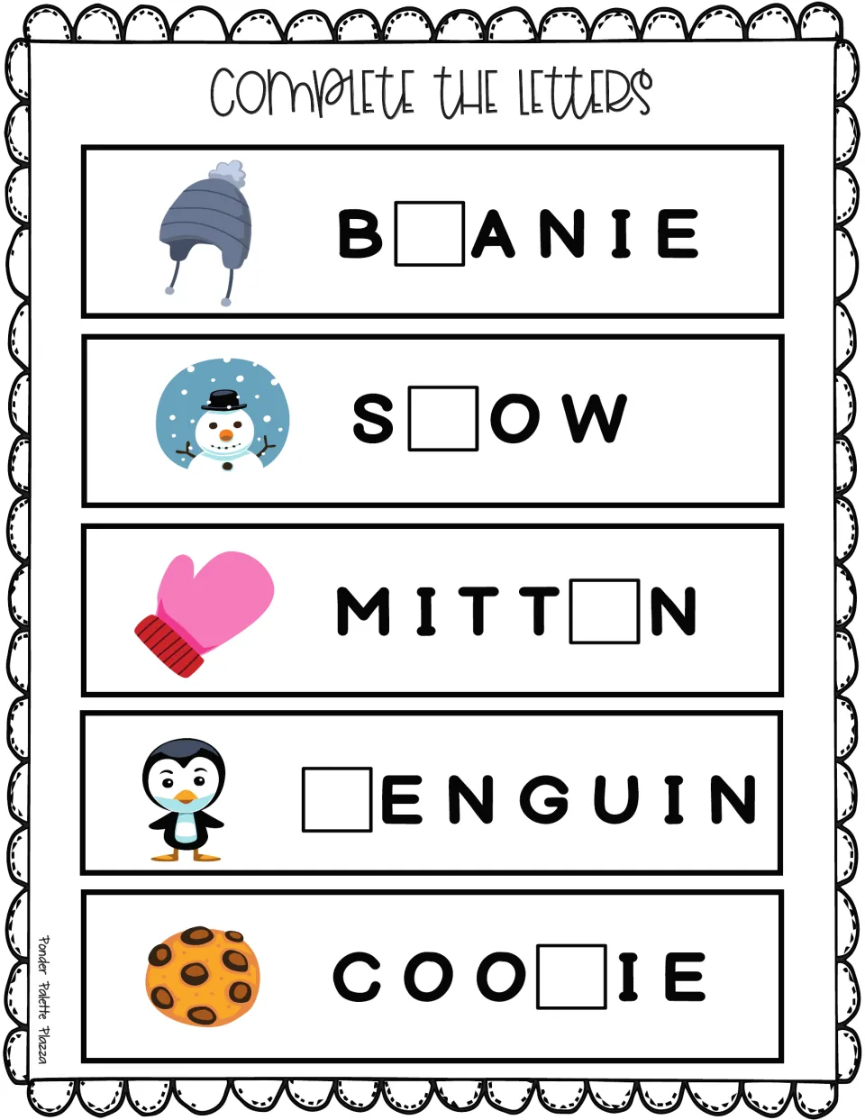 Missing letters review: students complete beanie, snow, mitten, penguin and cookie, matching each word to its picture