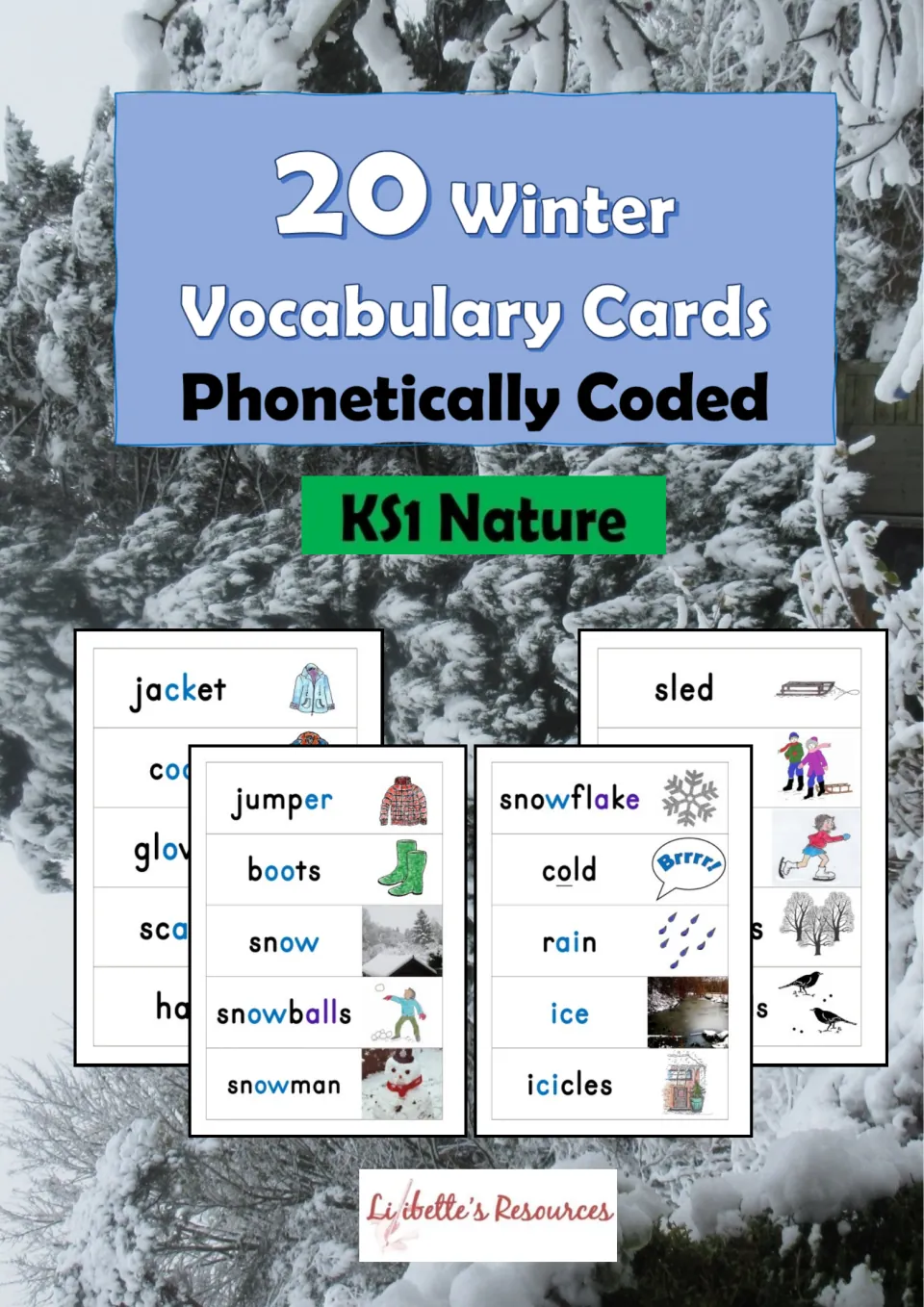 Cover for 20 phonetically coded winter word cards, KS1 Nature, previewing cards like jacket, snowflake, cold and sled
