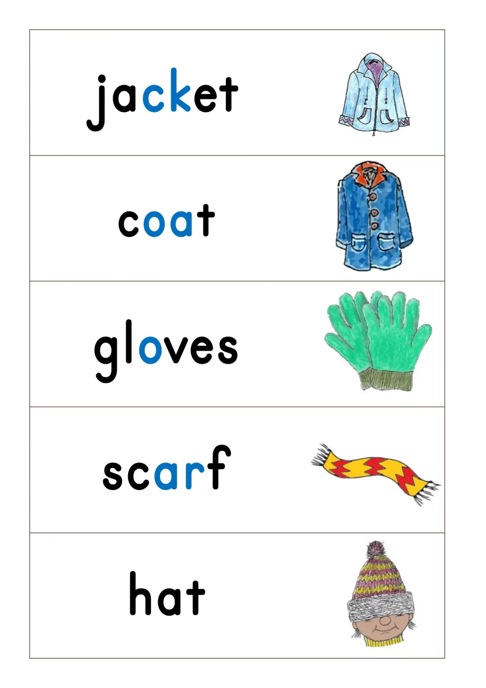Winter clothing word cards: jacket, coat, gloves, scarf and hat, each with a drawing and key sound spellings in blue