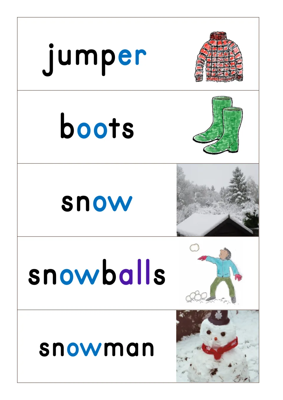 Snow day cards: jumper, boots, snow, snowballs and snowman, each with a picture and letter groups in blue or purple