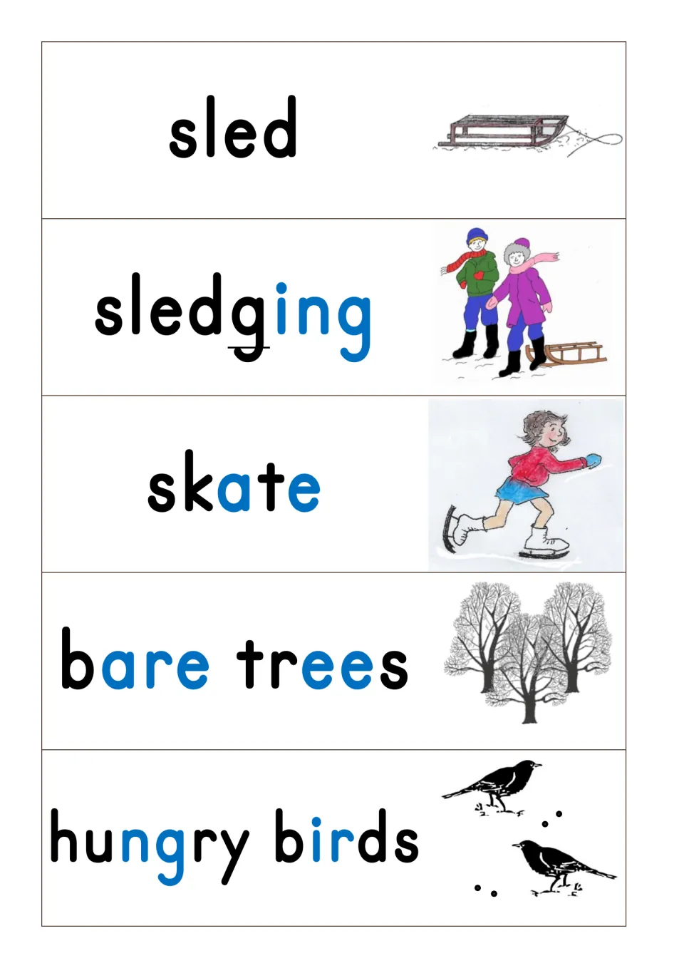 Winter activity and nature cards: sled, sledging, skate, bare trees and hungry birds with pictures and coded sounds