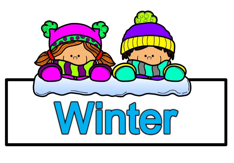 Winter header card: the word Winter in large blue letters below two children in hats, scarves and mittens
