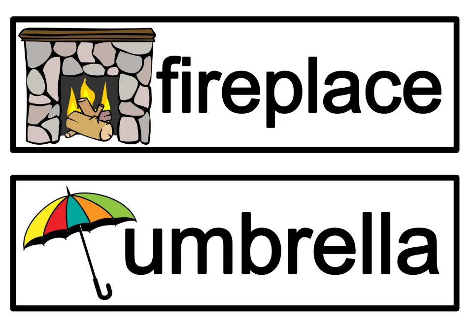 Winter vocabulary cards: fireplace, shown with a stone hearth and burning logs, and umbrella, shown in rainbow colors