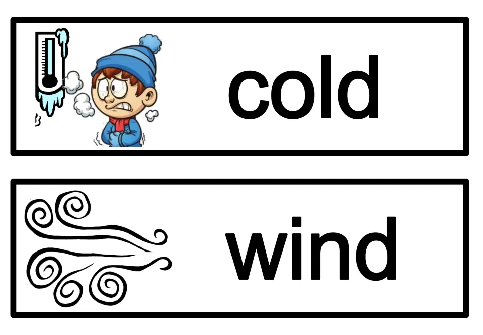 Cold-weather word cards: cold, with a shivering child and frozen thermometer, and wind, with swirling gust lines
