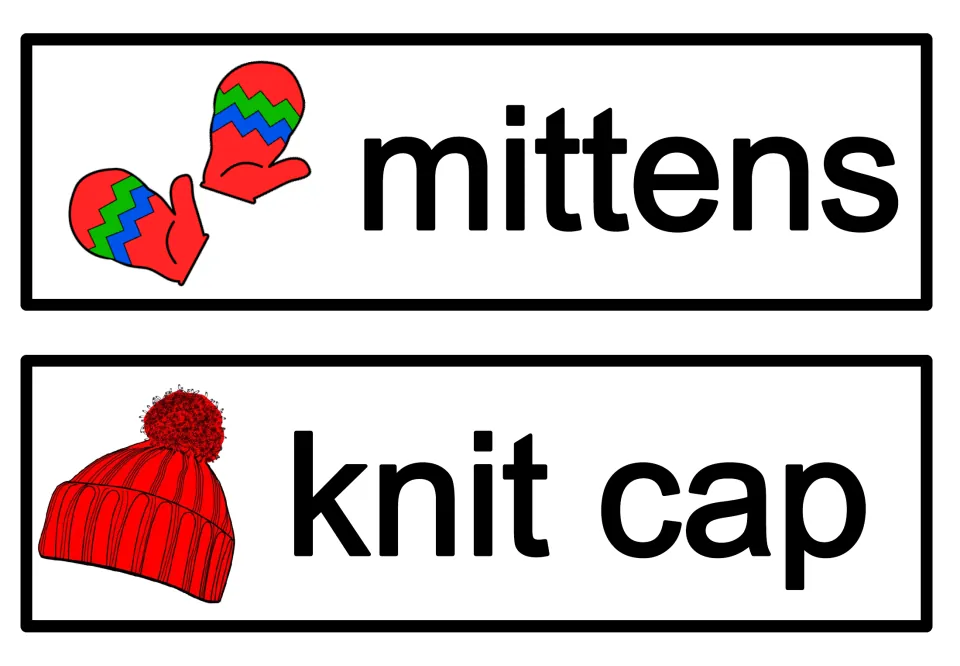 Winter clothing vocabulary: picture word cards for mittens, shown as a red pair, and knit cap, shown as a red pom-pom hat