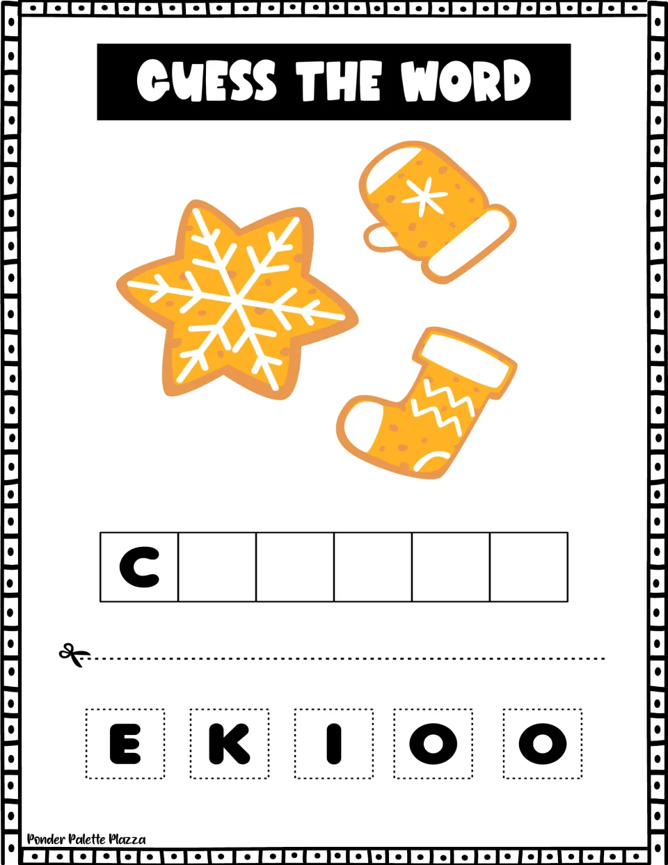 Spelling puzzle with gingerbread cookies: students arrange cut-out letters E, K, I, O, O after the C to name the treats