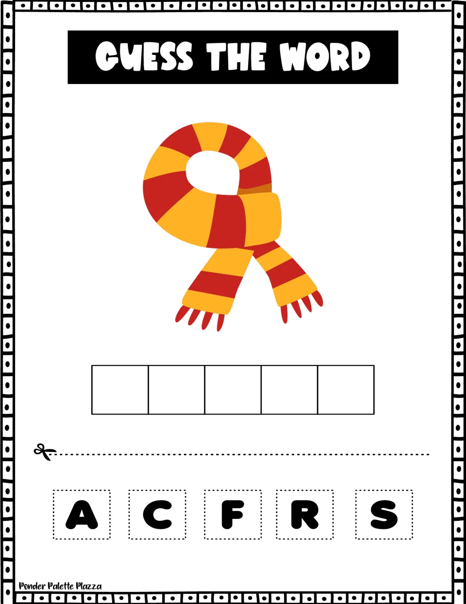 Striped scarf picture: students unscramble the cut-out letters A, C, F, R, S and glue them in order to spell its name