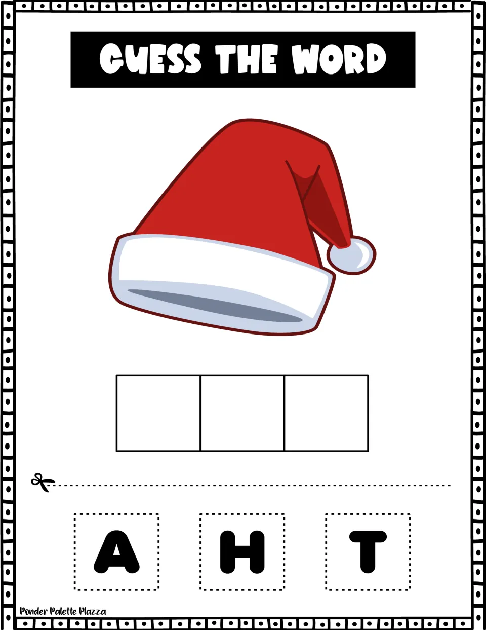 Santa hat picture: students cut out the letters A, H, T and glue them in the right order to build the short word for it