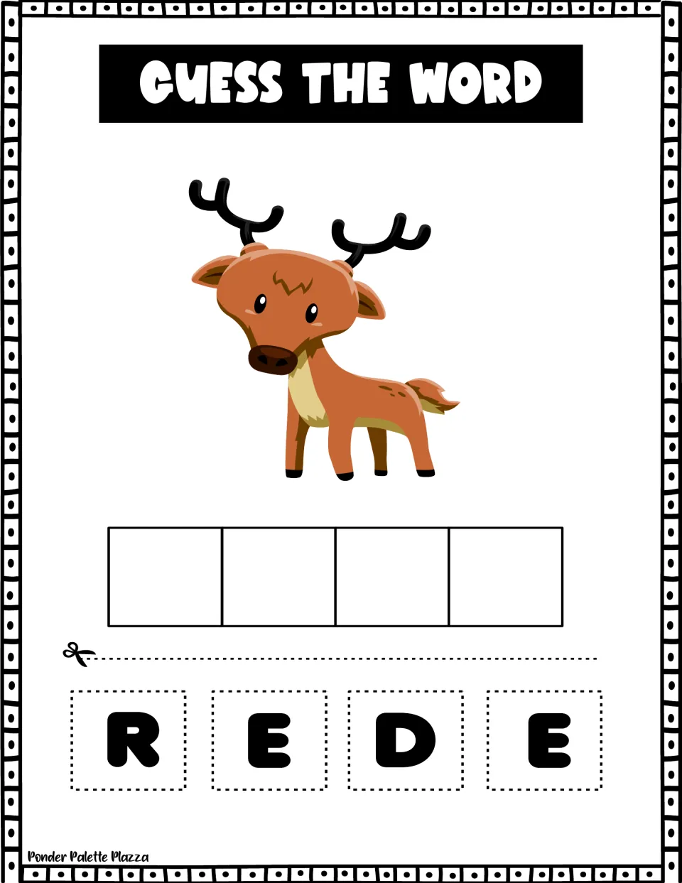 Reindeer picture: students cut out R, E, D, E and order the letters to spell the four-letter name of the antlered animal