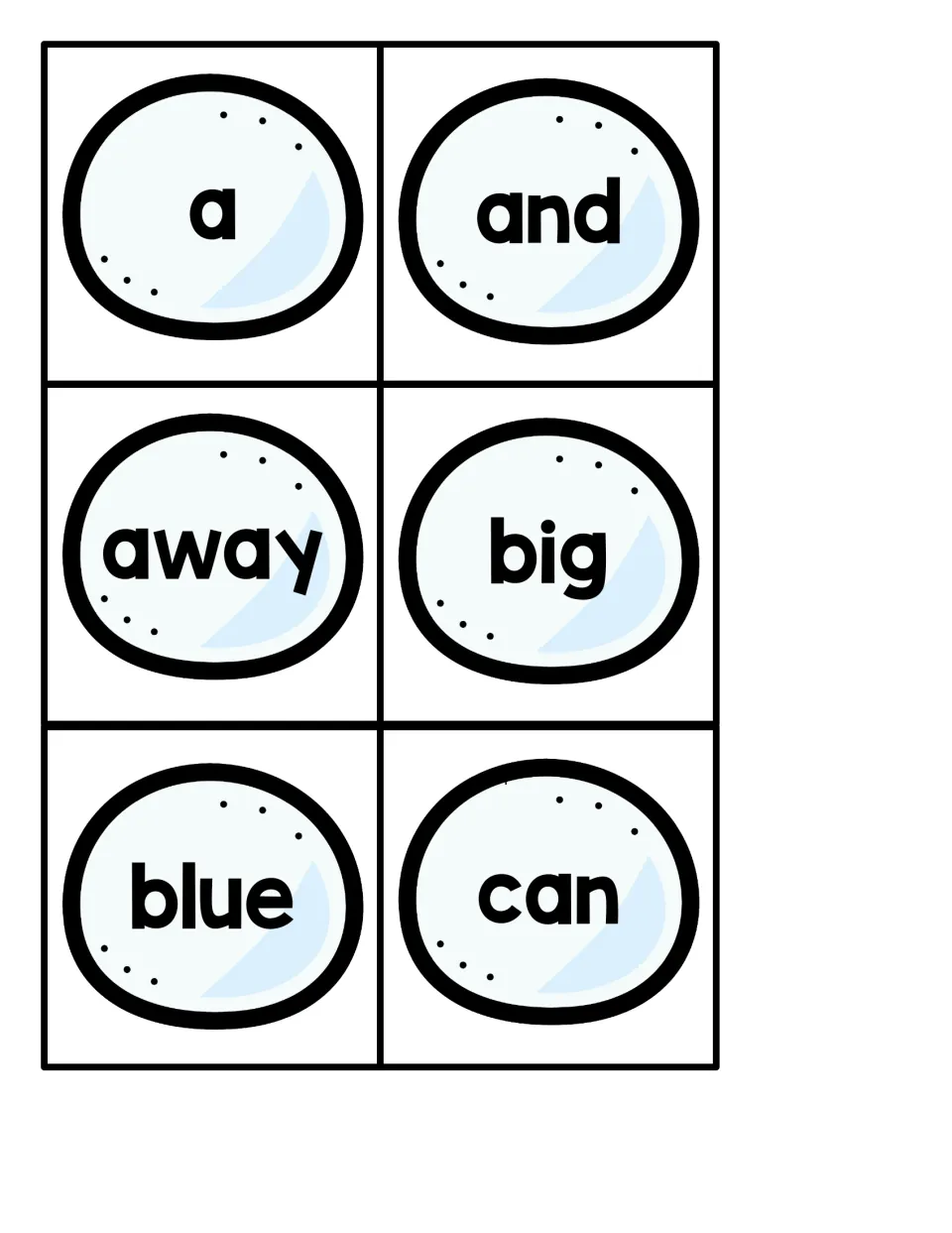 Small snowball sight word cards 1–6 for the penguin hiding game: a, and, away, big, blue, and can