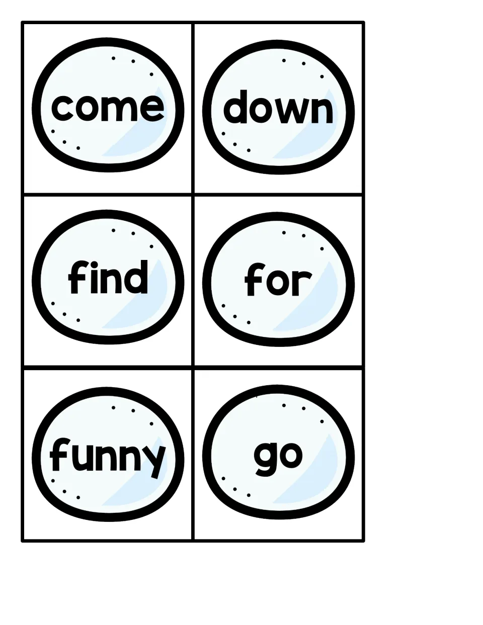 Small snowball sight word cards 7–12 for the penguin hiding game: come, down, find, for, funny, and go