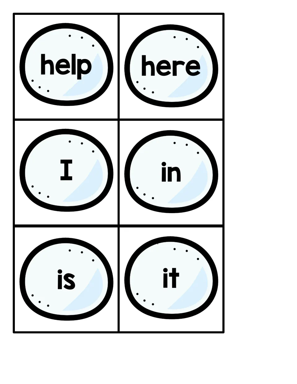 Small snowball sight word cards 13–18 for the penguin hiding game: help, here, I, in, is, and it