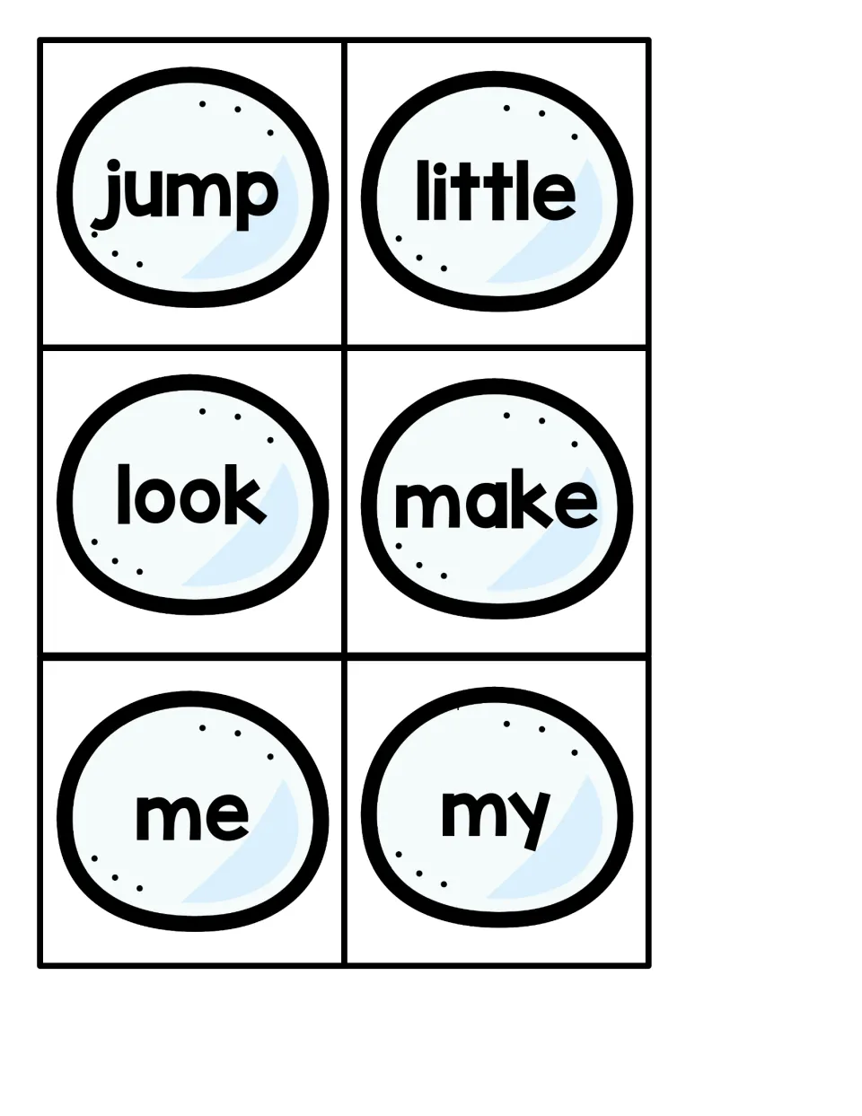 Small snowball sight word cards 19–24 for the penguin hiding game: jump, little, look, make, me, and my