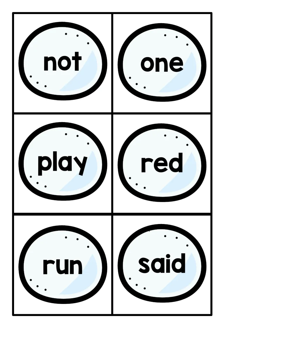 Small snowball sight word cards 25–30 for the penguin hiding game: not, one, play, red, run, and said