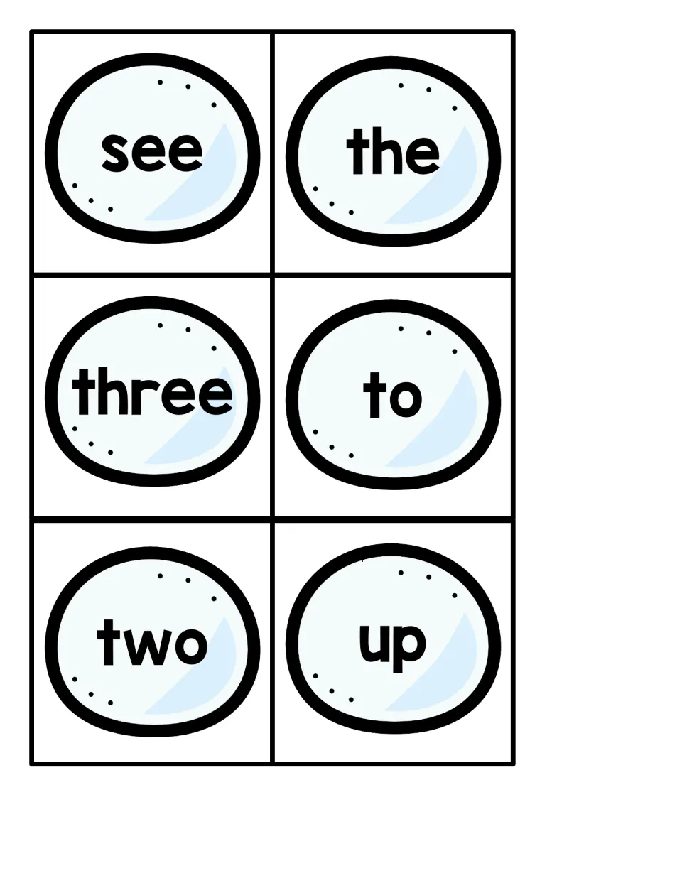 Small snowball sight word cards 31–36 for the penguin hiding game: see, the, three, to, two, and up