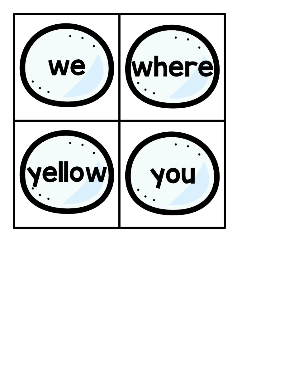 Small snowball sight word cards 37–40 for the penguin hiding game: we, where, yellow, and you