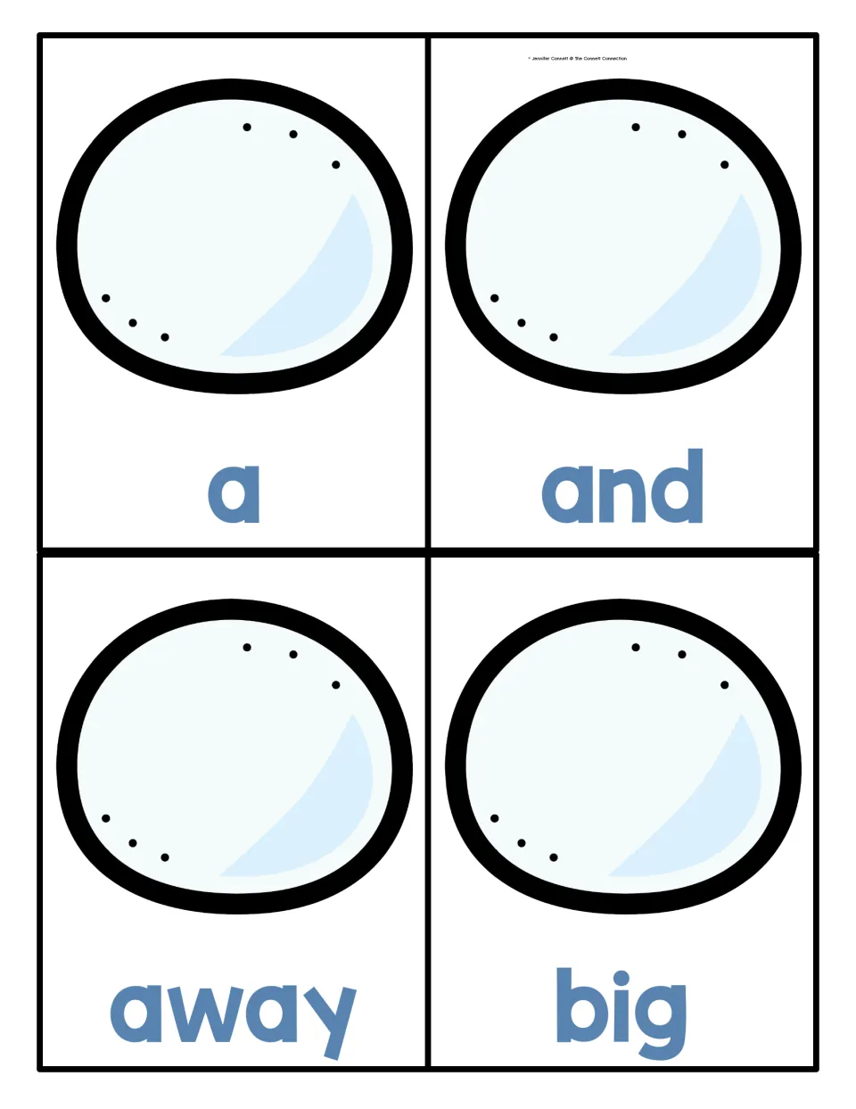 Large snowball sight word cards 1–4 for the penguin hiding game, labeled a, and, away, and big