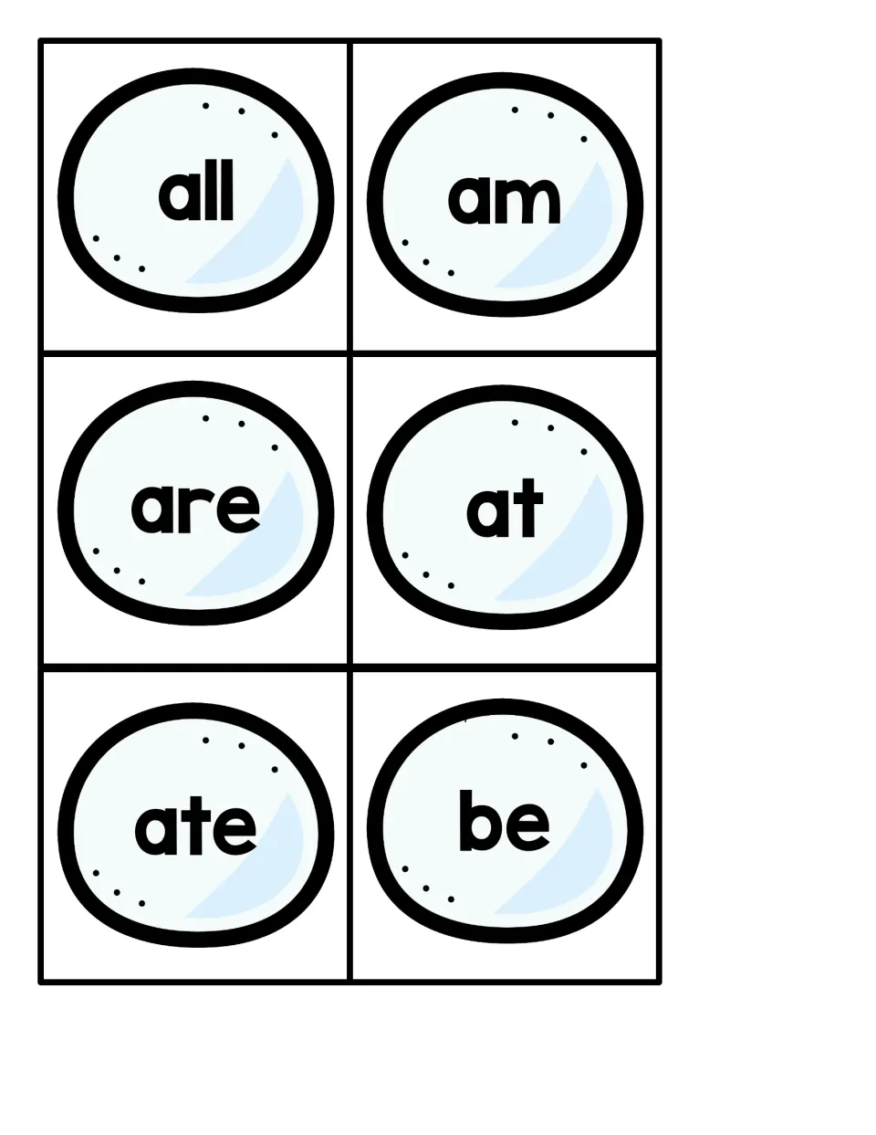 Snowball sight word cards 1–6: all, am, are, at, ate, and be, for the penguin hide-and-seek game