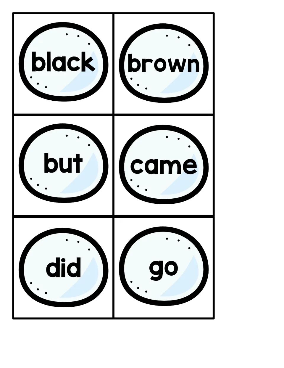 Snowball sight word cards 7–12: black, brown, but, came, did, and go, for the penguin hide-and-seek game