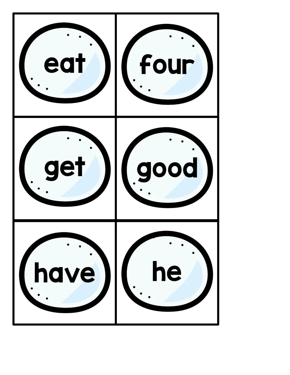 Snowball sight word cards 13–18: eat, four, get, good, have, and he, for the penguin hide-and-seek game