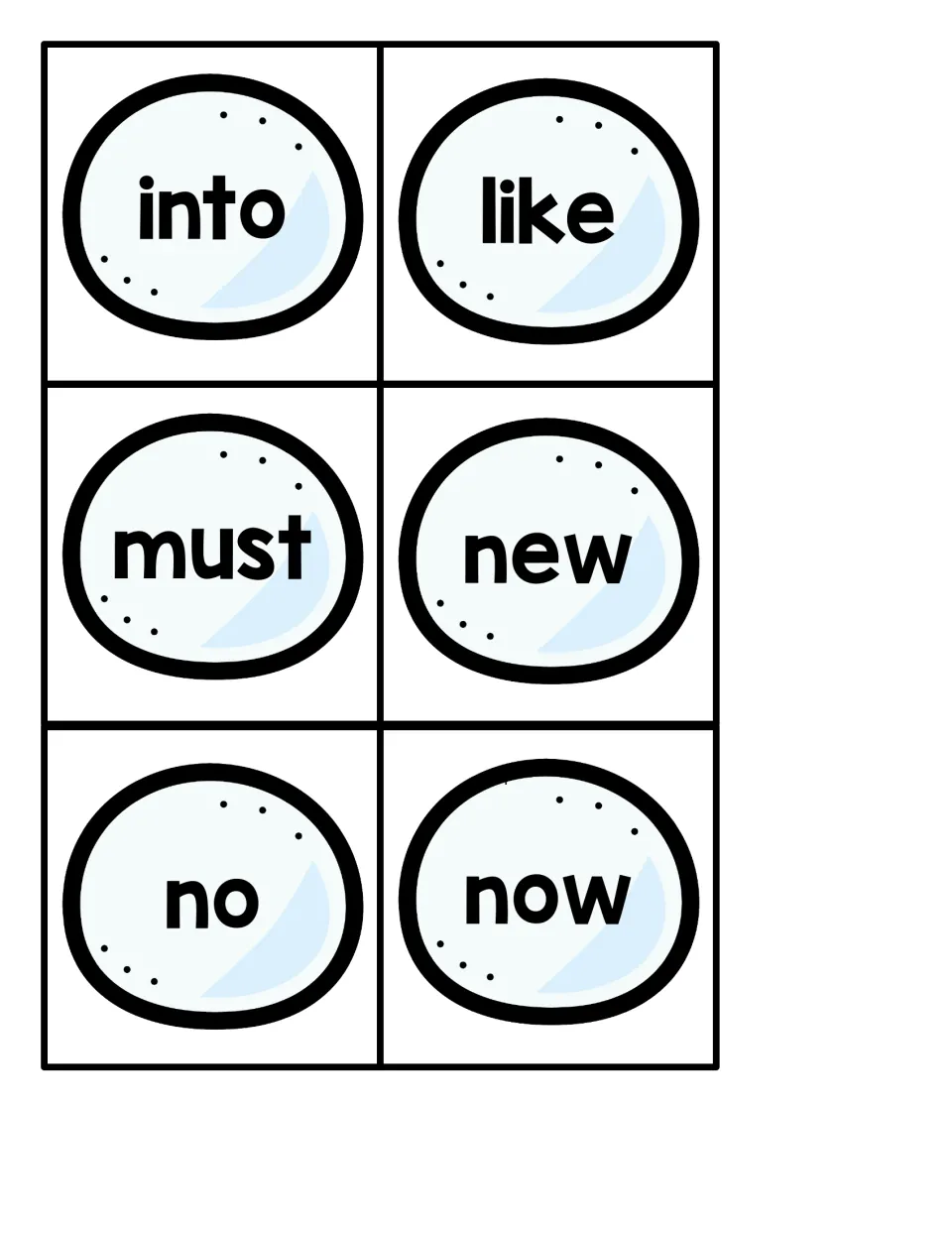 Snowball sight word cards 19–24: into, like, must, new, no, and now, for the penguin hide-and-seek game