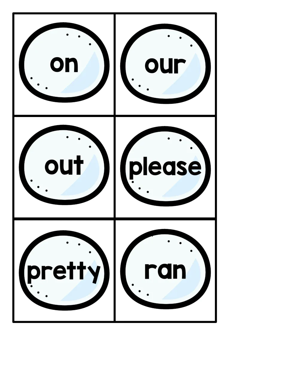 Snowball sight word cards 25–30: on, our, out, please, pretty, and ran, for the penguin hide-and-seek game