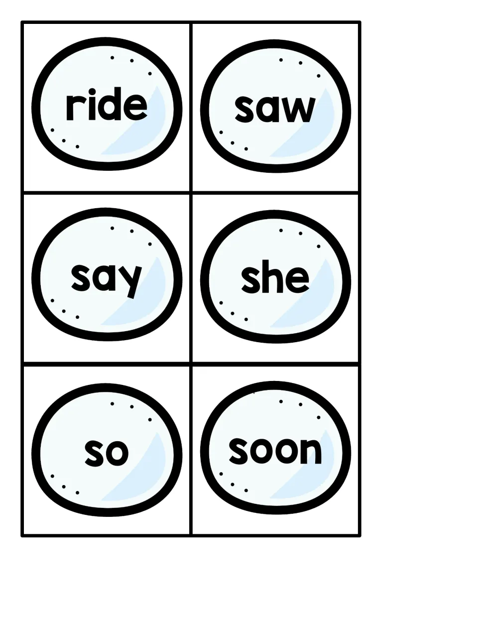 Snowball sight word cards 31–36: ride, saw, say, she, so, and soon, for the penguin hide-and-seek game