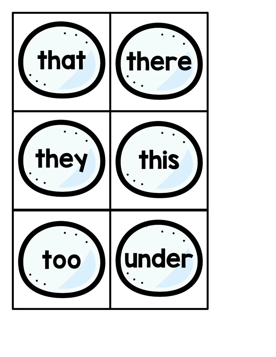 Snowball sight word cards 37–42: that, there, they, this, too, and under, for the penguin hide-and-seek game