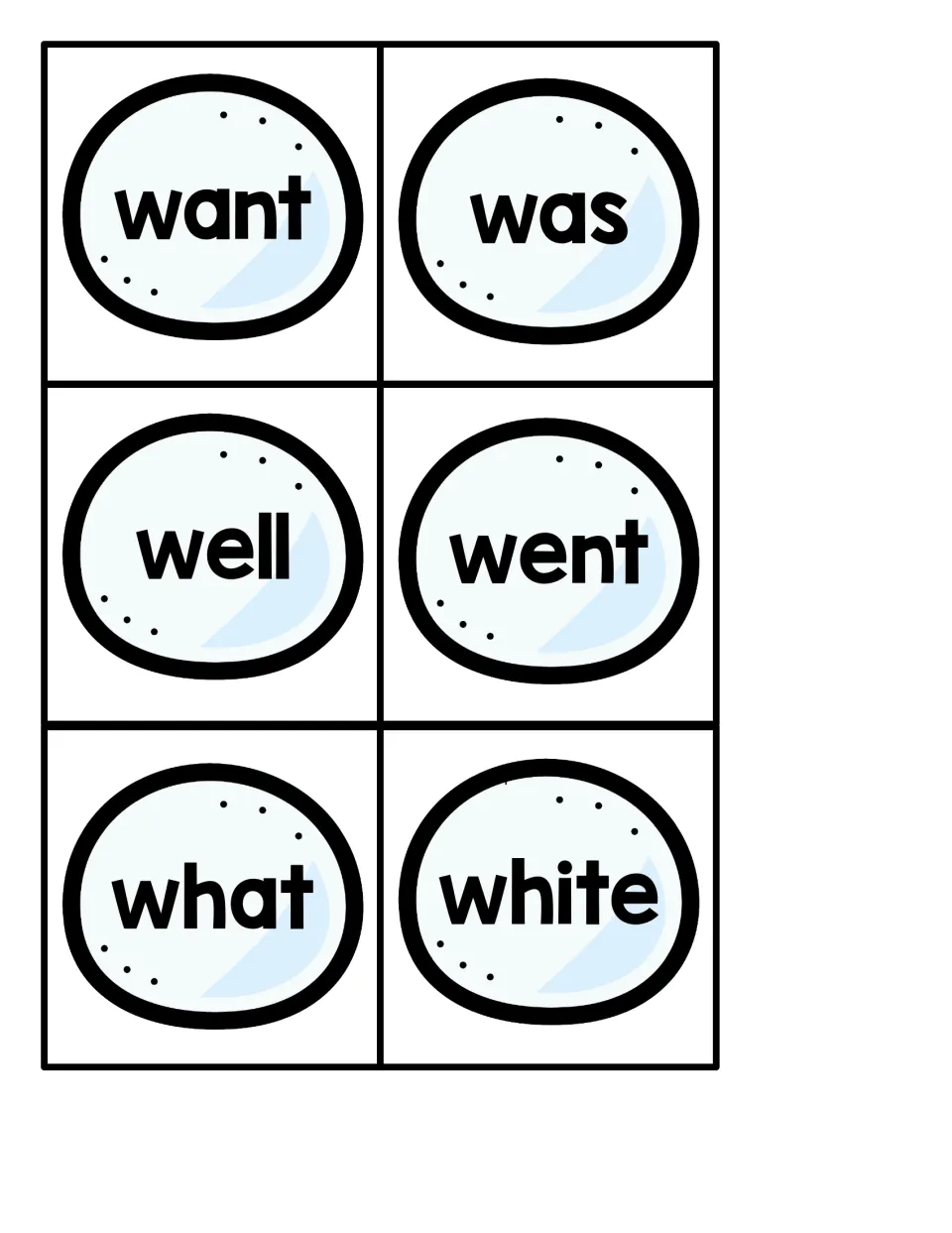 Snowball sight word cards 43–48: want, was, well, went, what, and white, for the penguin hide-and-seek game