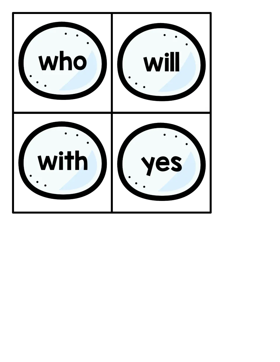 Snowball sight word cards 49–52: who, will, with, and yes, the final four cards in the penguin game