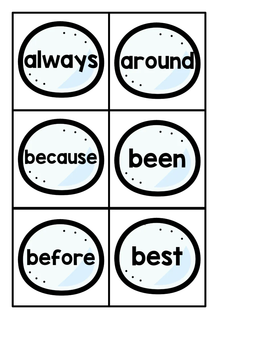 Snowball sight word cards 1–6 for the penguin hiding game: always, around, because, been, before, best