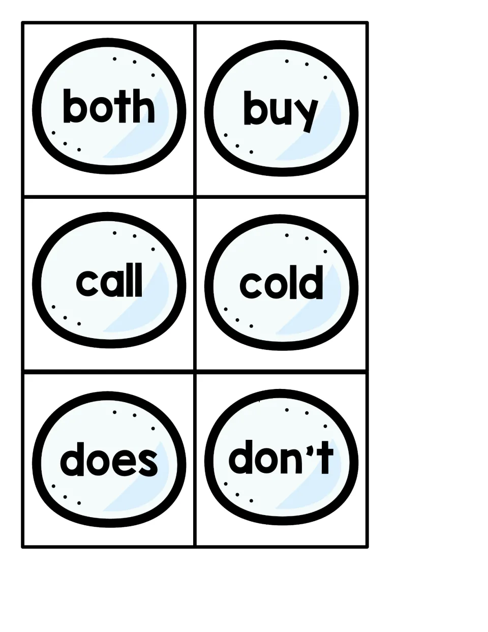 Snowball sight word cards 7–12 for the penguin hiding game: both, buy, call, cold, does, don’t