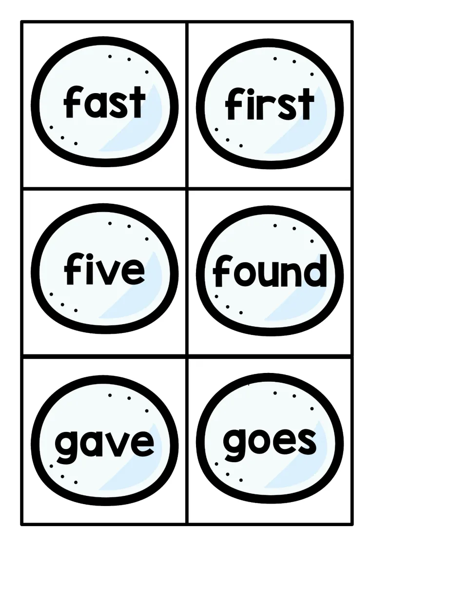 Snowball sight word cards 13–18 for the penguin hiding game: fast, first, five, found, gave, goes
