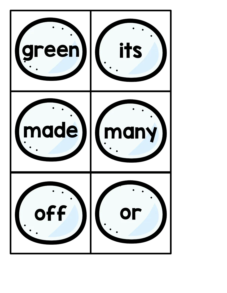 Snowball sight word cards 19–24 for the penguin hiding game: green, its, made, many, off, or