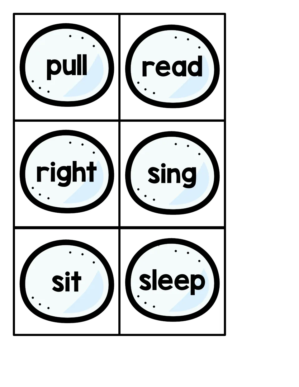 Snowball sight word cards 25–30 for the penguin hiding game: pull, read, right, sing, sit, sleep