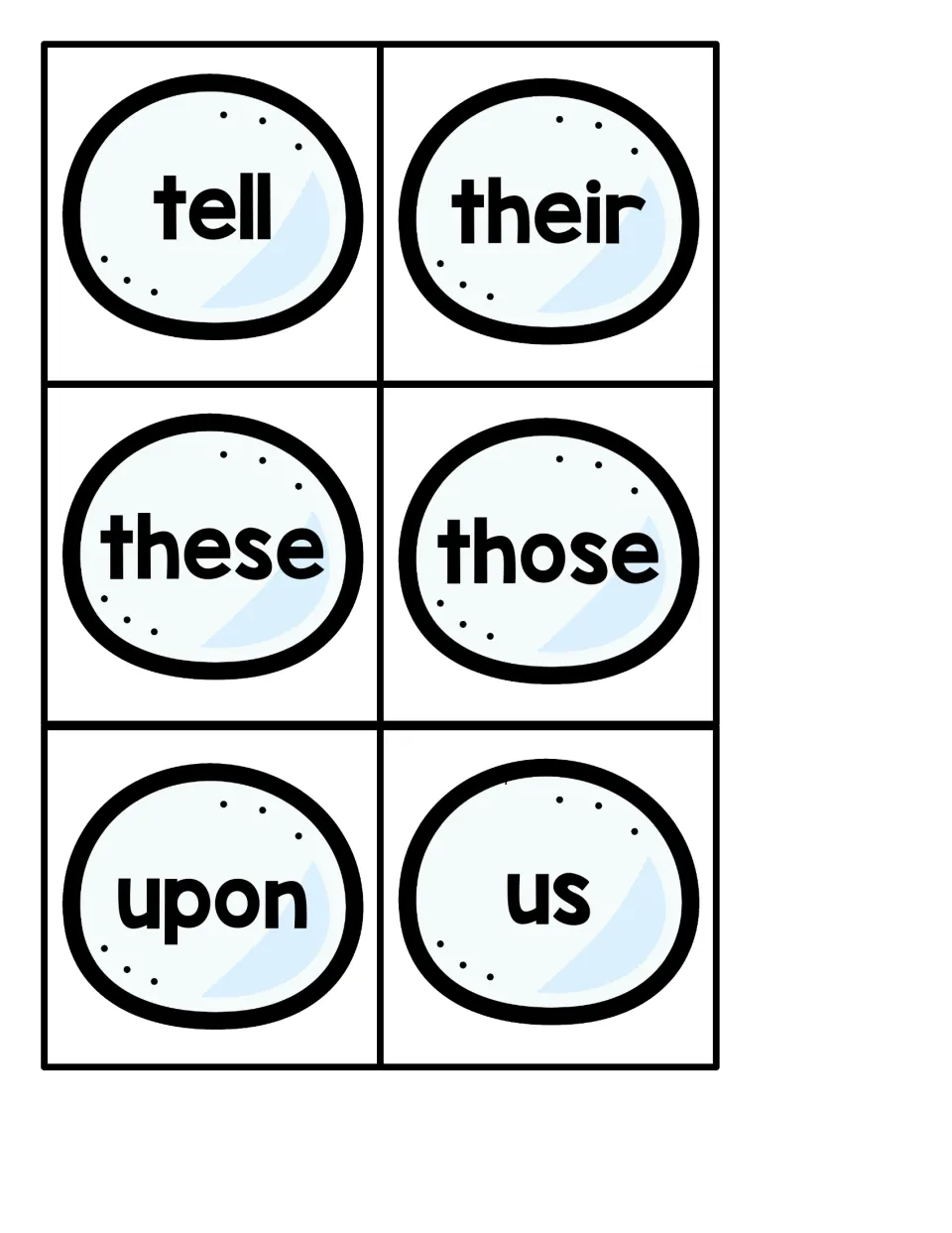 Snowball sight word cards 31–36 for the penguin hiding game: tell, their, these, those, upon, us