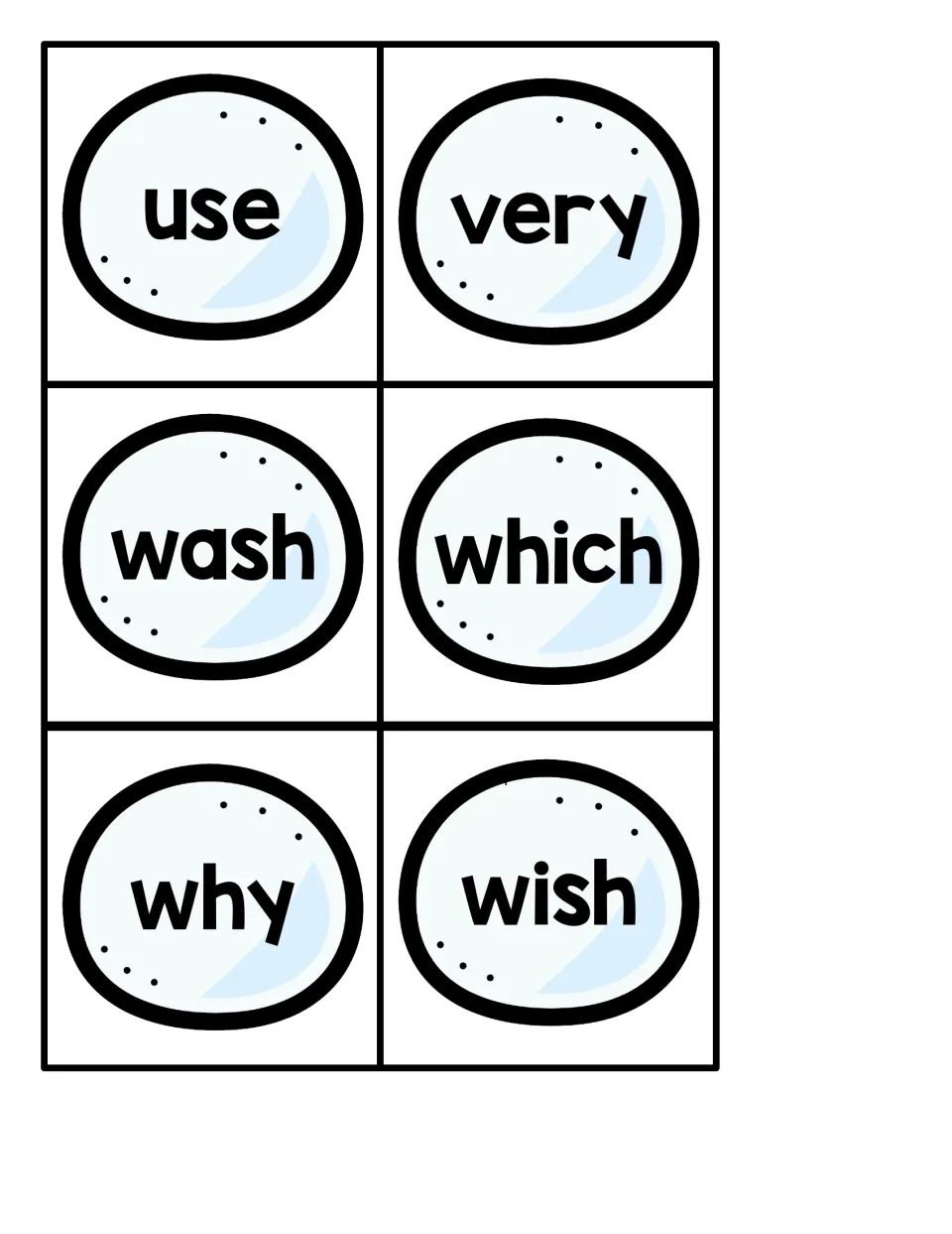 Snowball sight word cards 37–42 for the penguin hiding game: use, very, wash, which, why, wish
