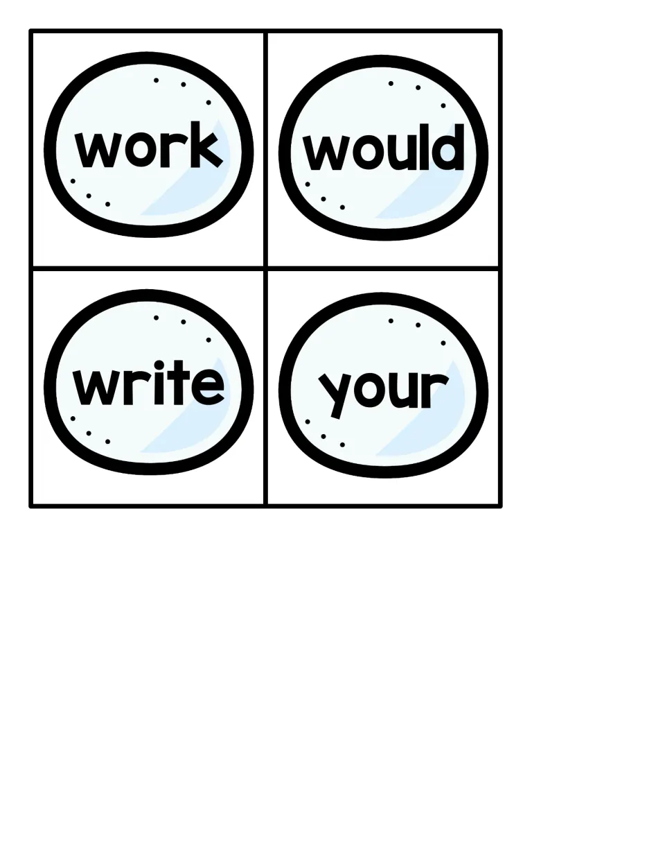 Final four snowball sight word cards in the 46-word penguin hiding game set: work, would, write, your