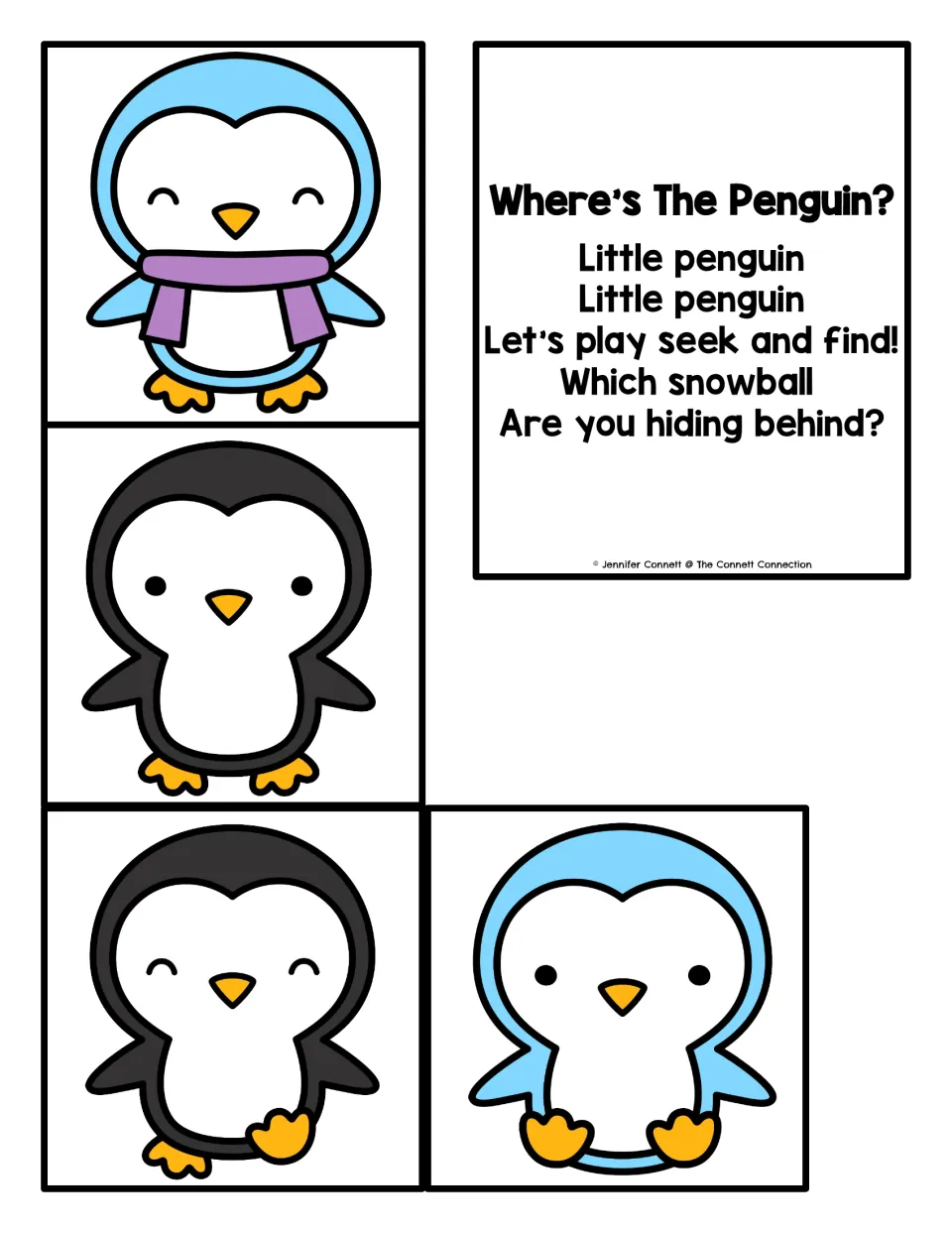 Four larger penguin hiding pieces and the repeated game poem asking which snowball conceals the penguin