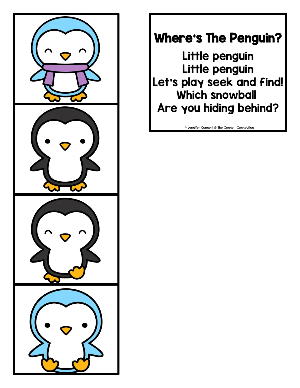 Where's the Penguin pieces: four cut-out penguin cards and a rhyme card asking which snowball the penguin hides behind