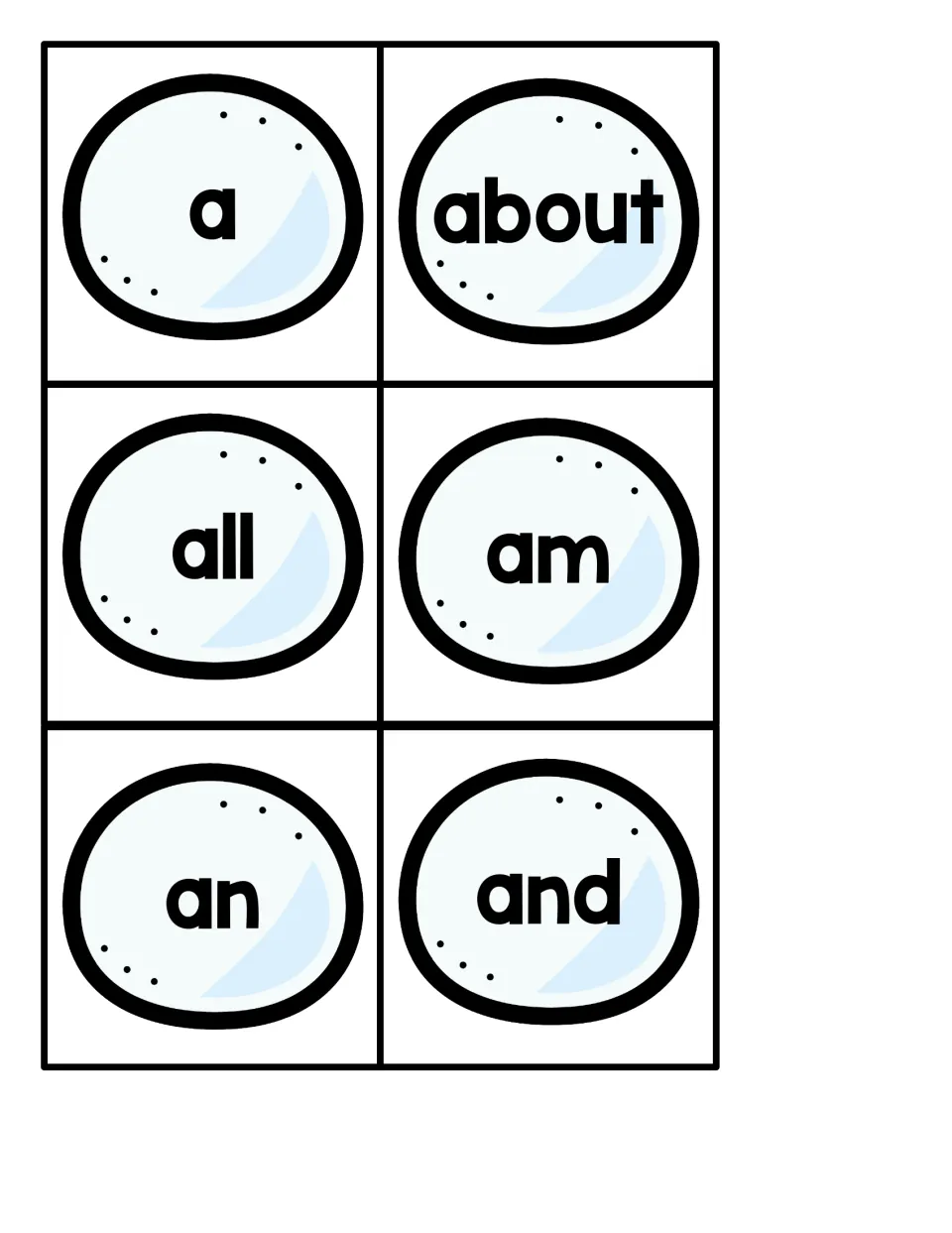 Sight word snowball cards for a, about, all, am, an and and; students read each word before peeking for the penguin