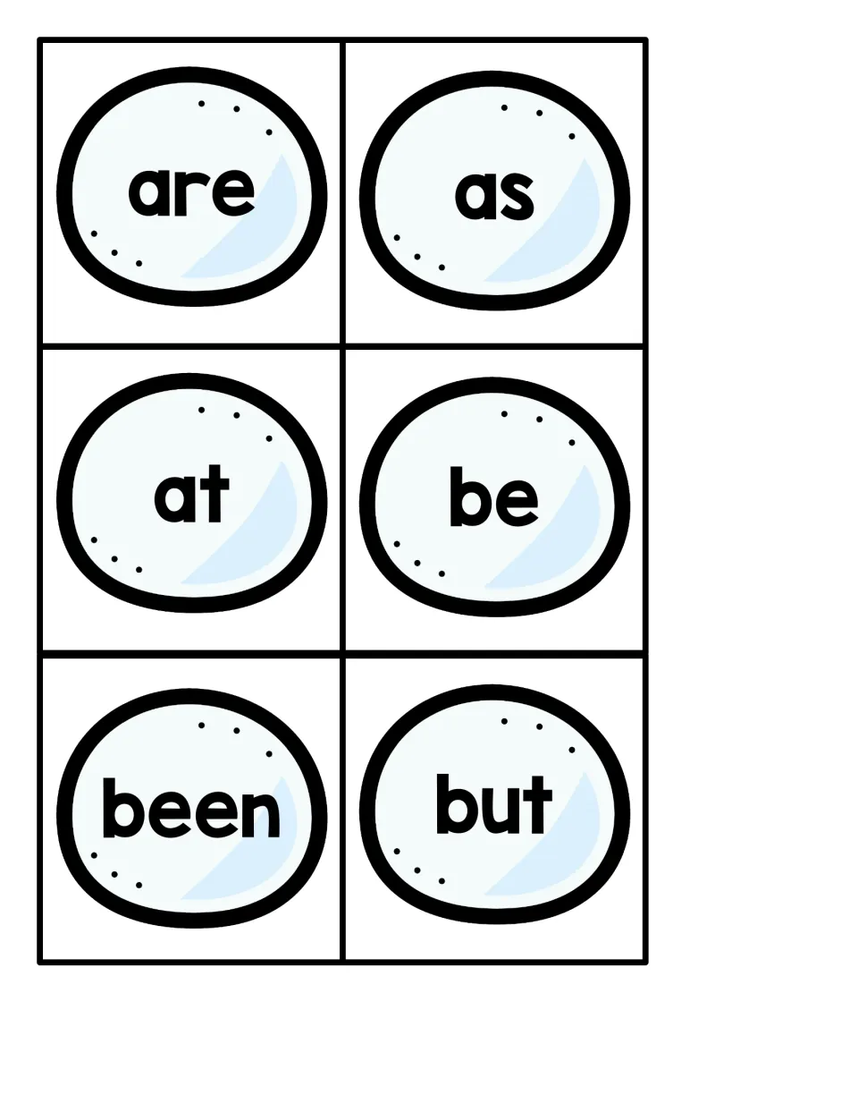 Snowballs for are, as, at, be, been and but: students read the word, then lift the snowball to look for a penguin