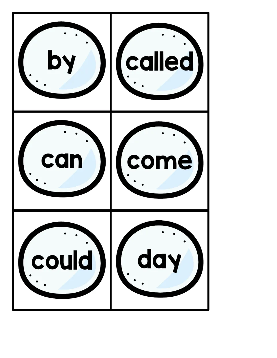 Snowball word cards showing by, called, can, come, could and day for sight word reading in the penguin hiding game