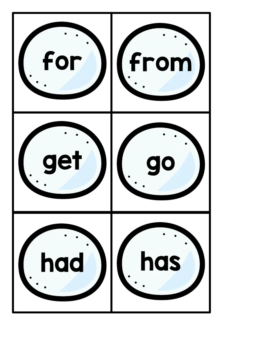 Snowballs labeled for, from, get, go, had and has; students read high-frequency words while hunting for the penguin
