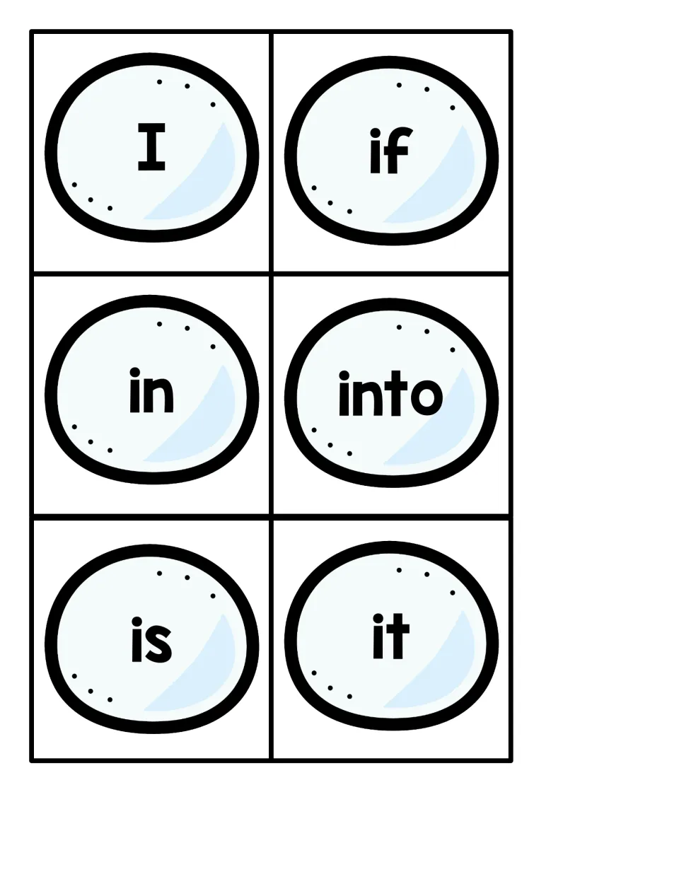 Short sight words I, if, in, into, is and it on snowball cards for quick word recognition in the penguin seek-and-find
