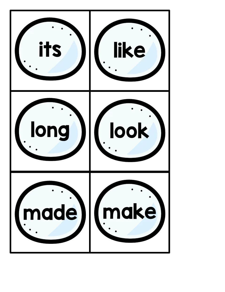 Snowball cards for its, like, long, look, made and make; children read the high-frequency word and peek for the penguin