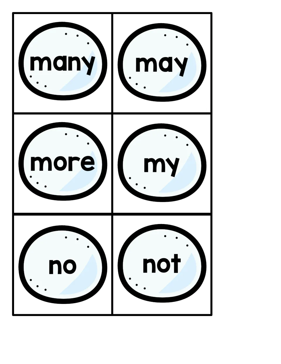 Sight word snowballs for many, may, more, my, no and not; students read each word aloud while seeking the hidden penguin