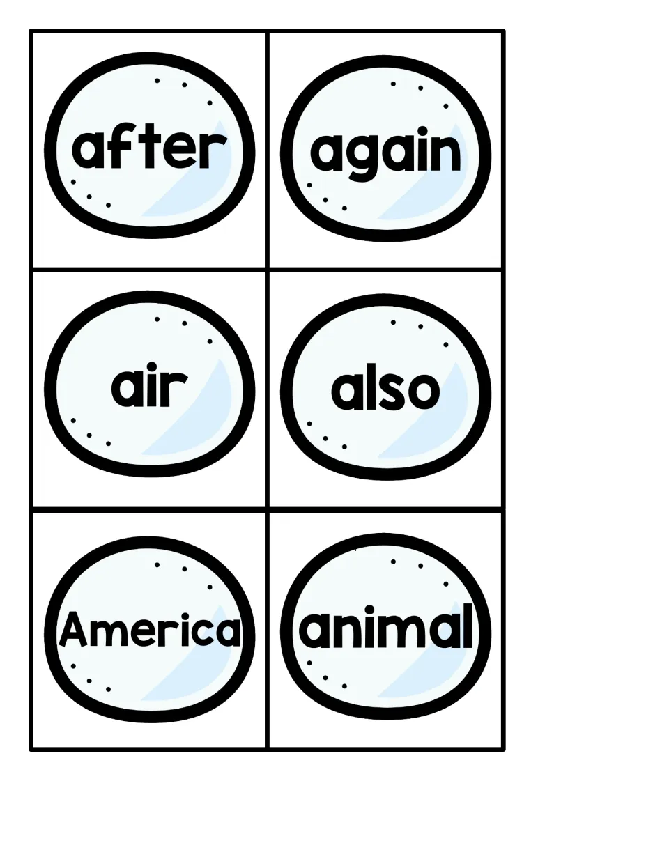 Six snowball sight word cards for the penguin pocket chart game: after, again, air, also, America, animal